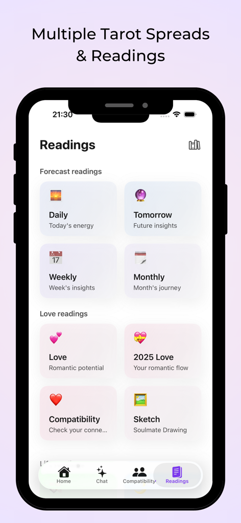 LumiSeer: Tarot & Astrology - LumiSeer app screen showcasing various tarot spreads for daily forecasts and love compatibility readings