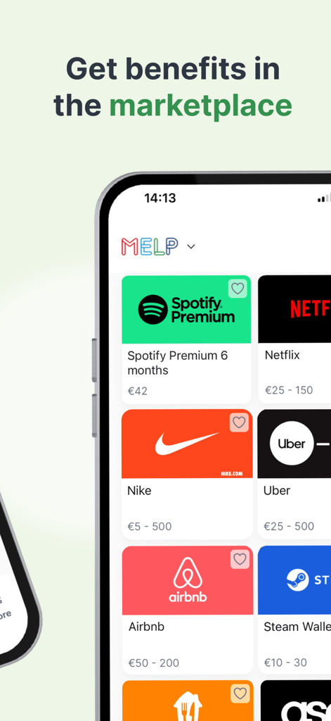 MELP.com - The MELP app marketplace interface displaying various employee benefits like Spotify, Nike, and Uber.