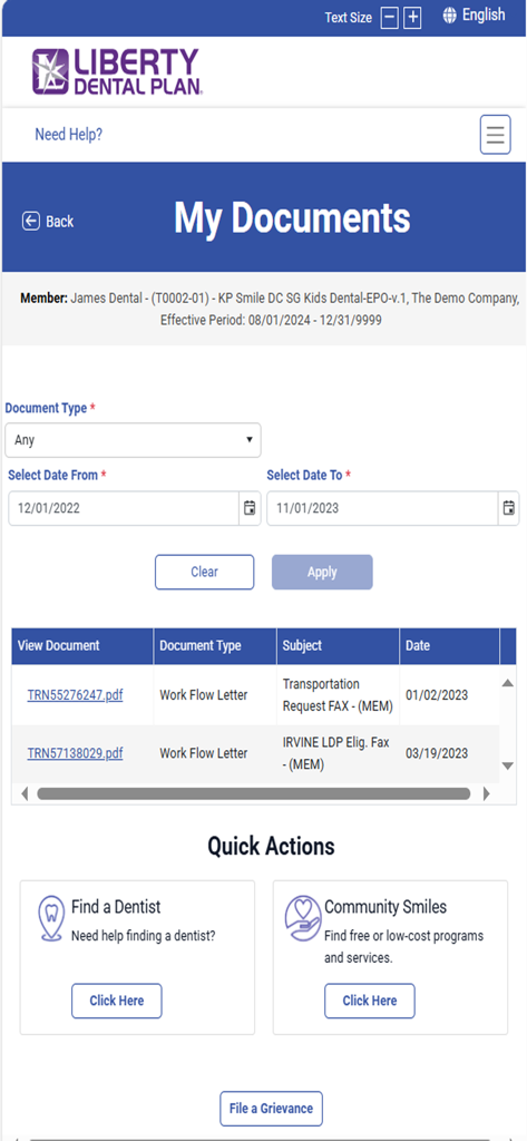 LIBERTY Dental - LIBERTY Dental app My Documents screen displaying plan documents and quick links to find a dentist
