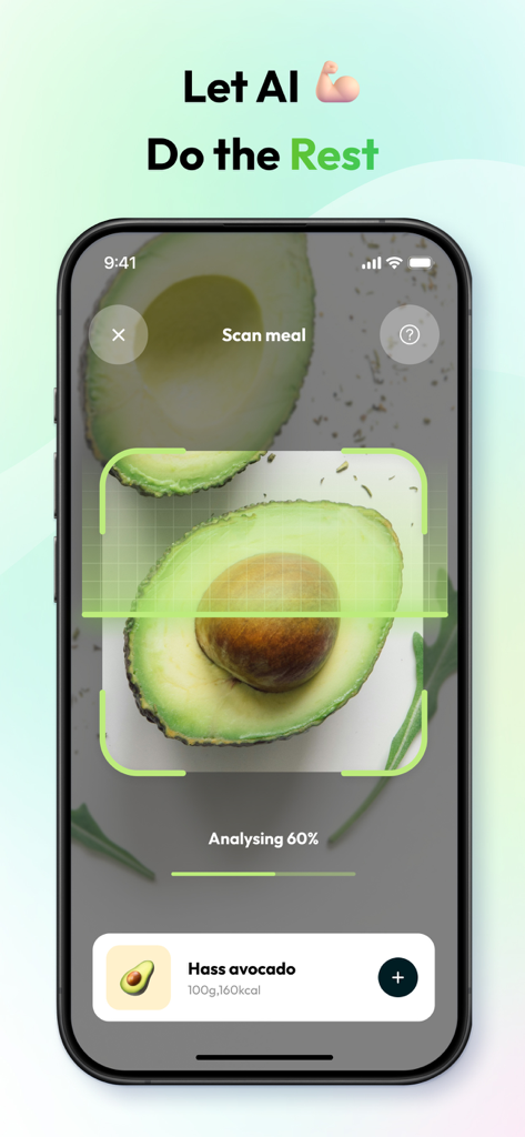 CalCam: AI Diet & Health - CalCam app interface scanning an avocado for calorie tracking