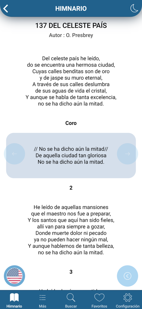 Himnario Lldm Inglés - Español - Interfaz de la aplicación Himnario LLDM que muestra la letra de un himno español titulado Del Celeste Pais.