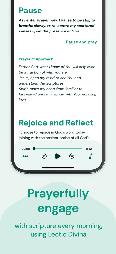 Lectio 365 app screen displaying a morning devotional with pause and rejoice sections including an audio player