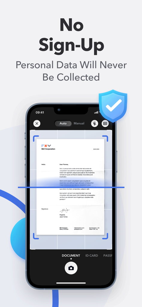 iPhone zeigt die Scanner App beim Erfassen eines Dokuments mit Text-Overlay zu keiner Anmeldung und Datenschutz
