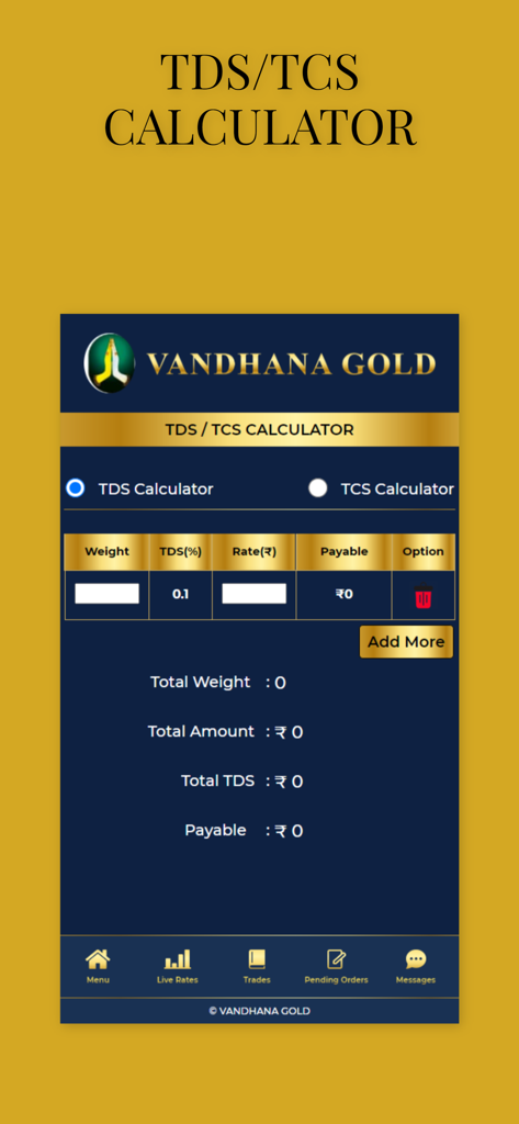 Vandhana Gold Live - Interfaz de calculadora TDS y TCS en la aplicación Vandhana Gold Live para estimación de impuestos sobre lingotes