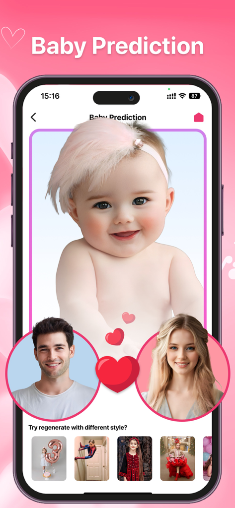 Screenshot of AI Future Baby Face Generator showing a baby prediction result