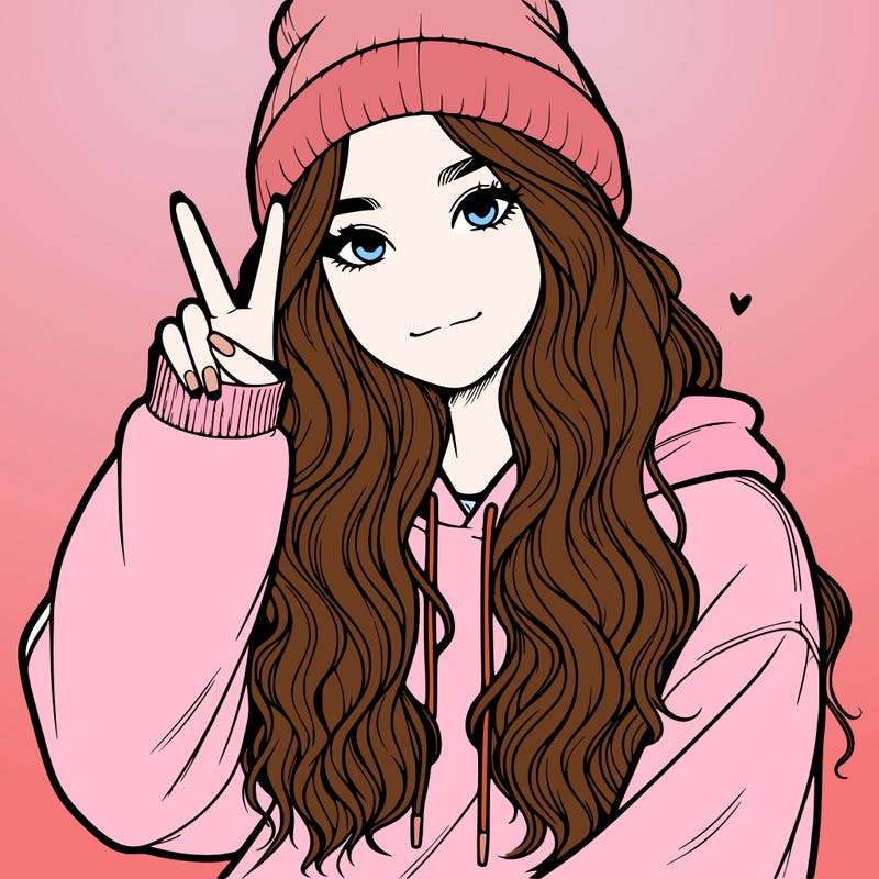 a teenage girl in a beanie, oversized sweatshirt, wavy long hair, and is showing a ✌️