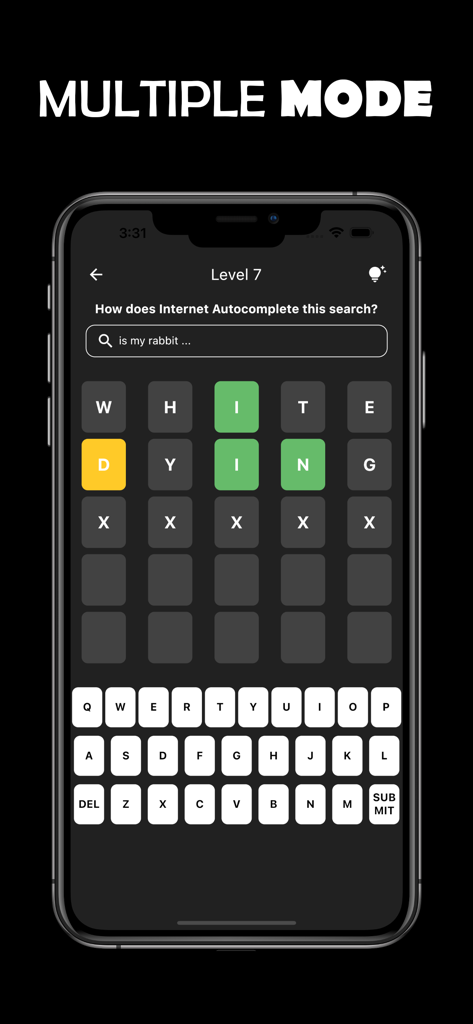 Searchle -Feudle - Connections - Searchle app gameplay showing a word puzzle to guess internet autocomplete phrases