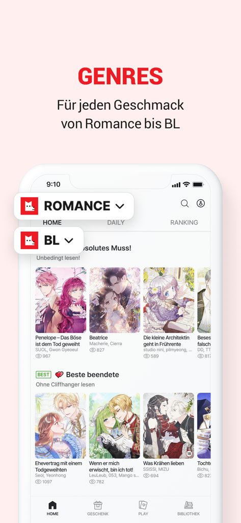 Interfaz de la app móvil LEZHIN DE mostrando géneros de webtoons de Romance y BL con varios títulos de cómics en español