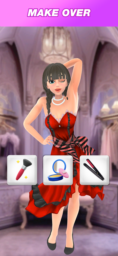 Become a Vampire Queen - Pantalla de cambio de imagen de personaje en el juego con un vestido gótico e iconos de herramientas de estilo