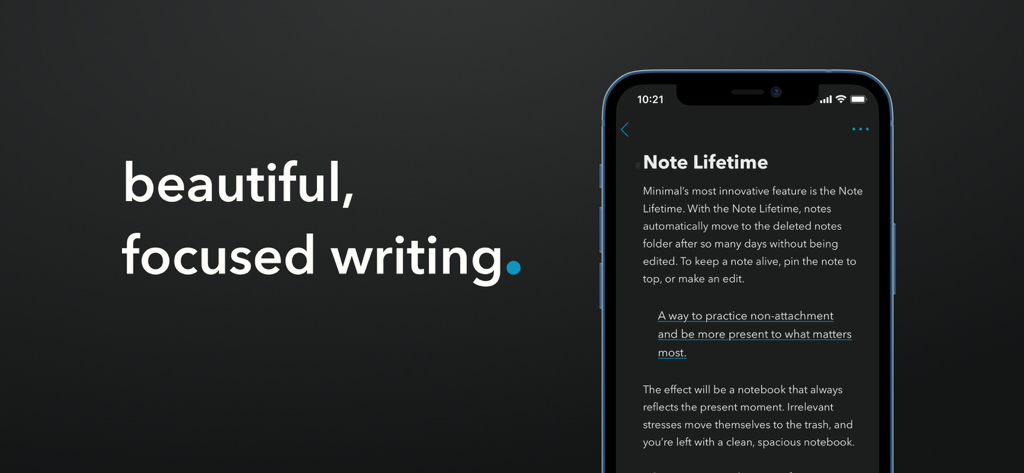 Minimal | Writing + Notes - Minimalist writing app interface showing the Note Lifetime feature on a dark background