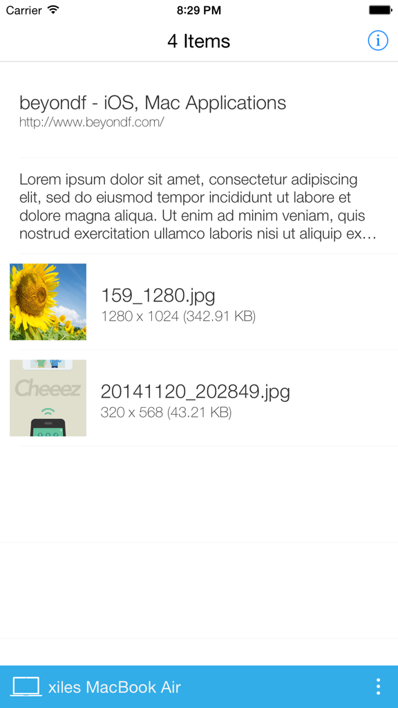 AirBridge - Transfer image/photo, text or URL - AirBridge app screen displaying a list of transferred items including URLs text snippets and image files from a Mac