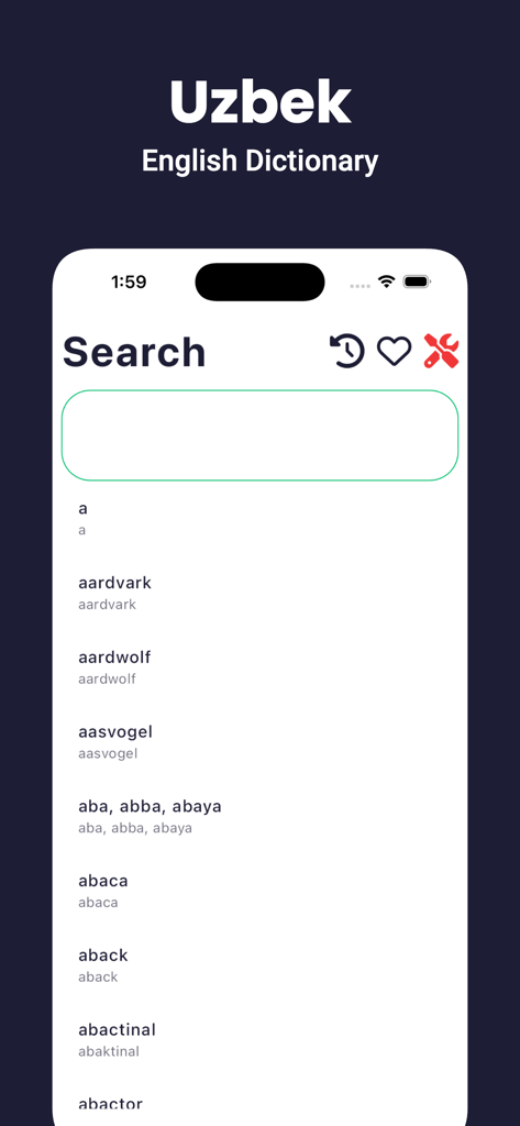 The search interface of the Uzbek English Dictionary mobile app showing a list of words and search bar.