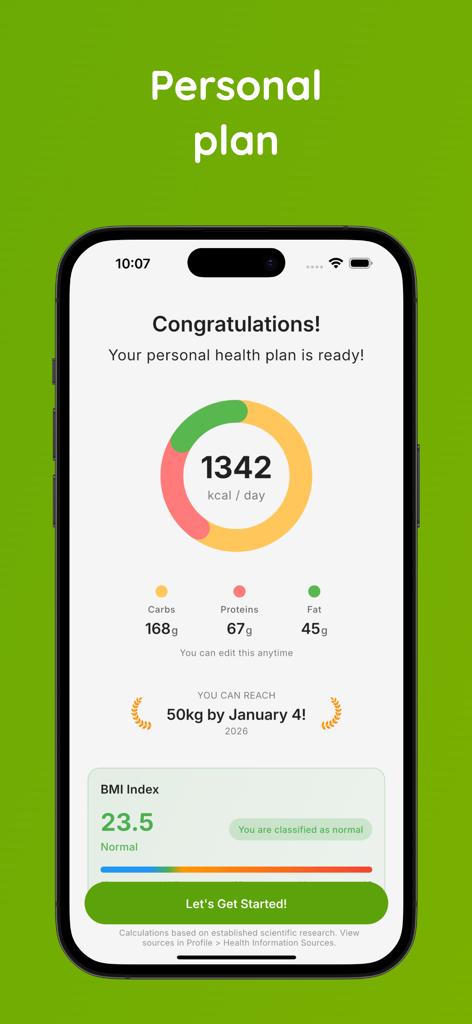 CalSnap - AI Calorie Counter - CalSnap app screen showing a personal health plan with daily calorie and macronutrient targets