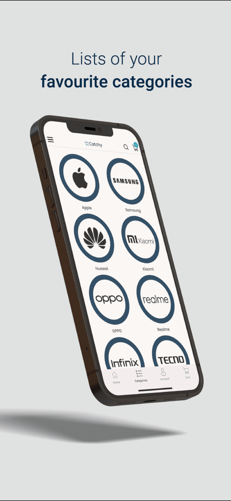 CatchyJo - CatchyJo mobile app screen showing shopping categories for phone brands like Apple and Samsung