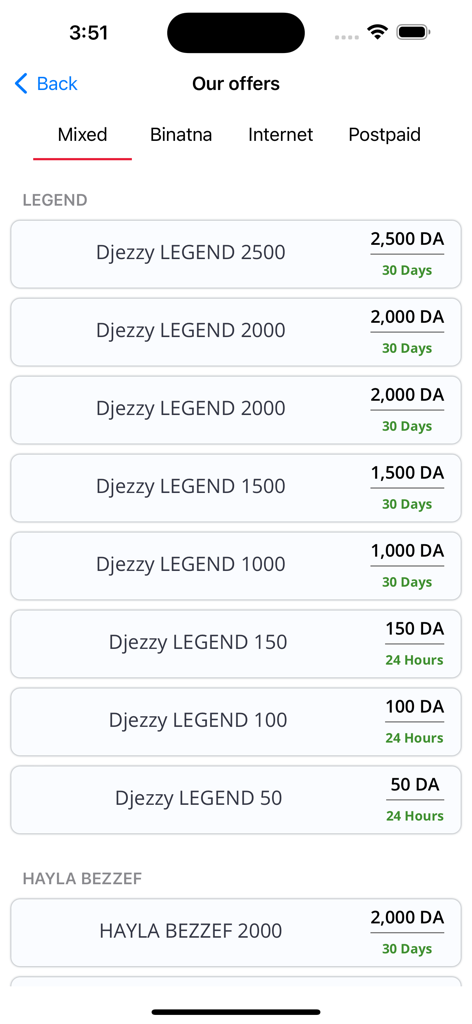 Djezzy - Écran de l'application Djezzy affichant une variété d'options de forfaits mobiles dans la section Nos Offres, y compris les forfaits Legend et Hayla Bezzef.