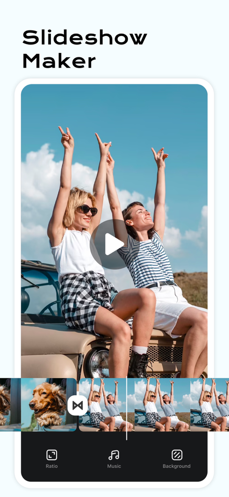 Photo Collage Maker: InCollage - Écran d'application mobile montrant la fonctionnalité Créateur de diaporamas avec une chronologie vidéo de photos de road trip et des options d'édition pour la musique et l'arrière-plan