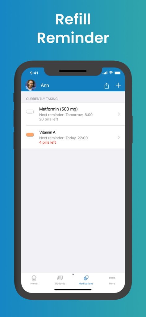 Medisafe app interface displaying a list of current medications with pill counts and refill reminders