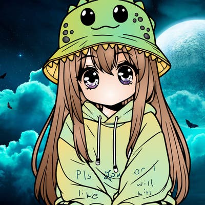 girl with anime shaped eyes with a dinosaur bucket hat oversized sweatshirt long straight hair