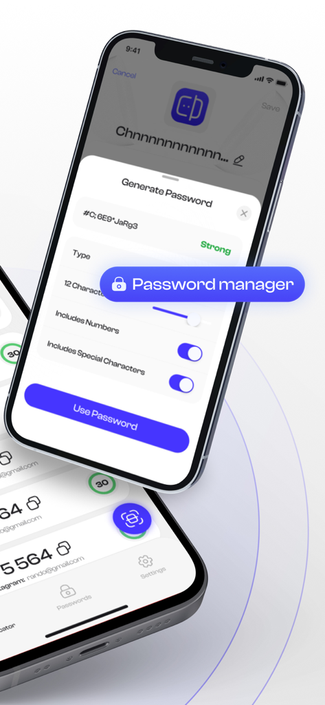 Oberfläche der Authenticator 2FA-App, die einen starken Passwortgenerator mit Anpassungsoptionen für Länge und Zeichentypen zeigt.