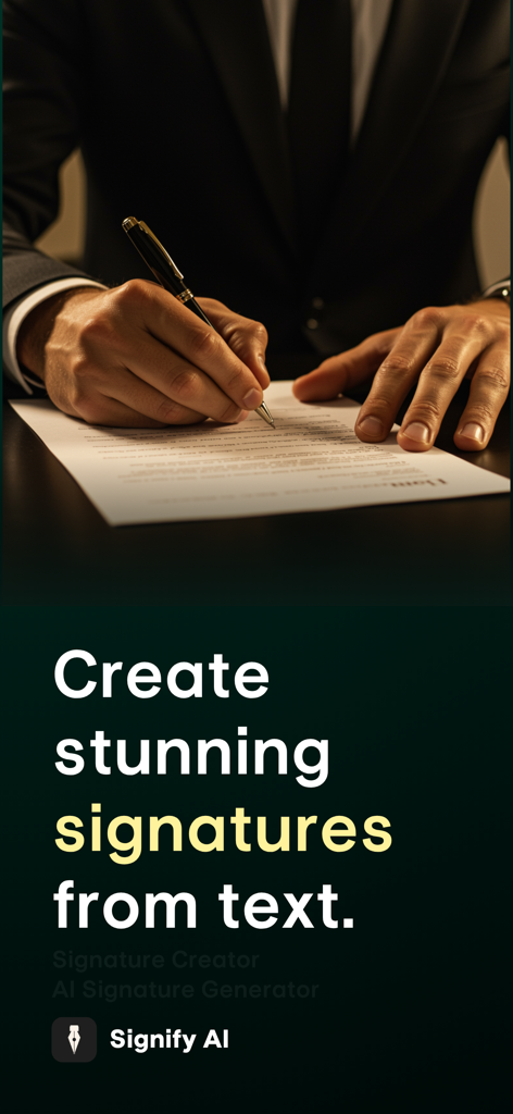 AI Signature Generator Signify - A professional in a suit signing a document with text saying Create stunning signatures from text for the Signify AI app