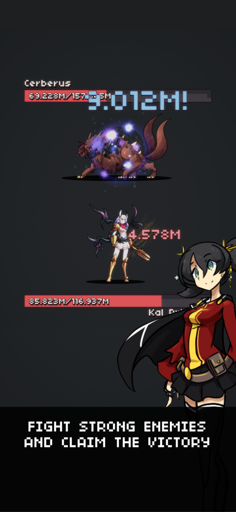 Pixel art boss battle against Cerberus in Heros Quest Automatic RPG showing damage numbers and player stats.