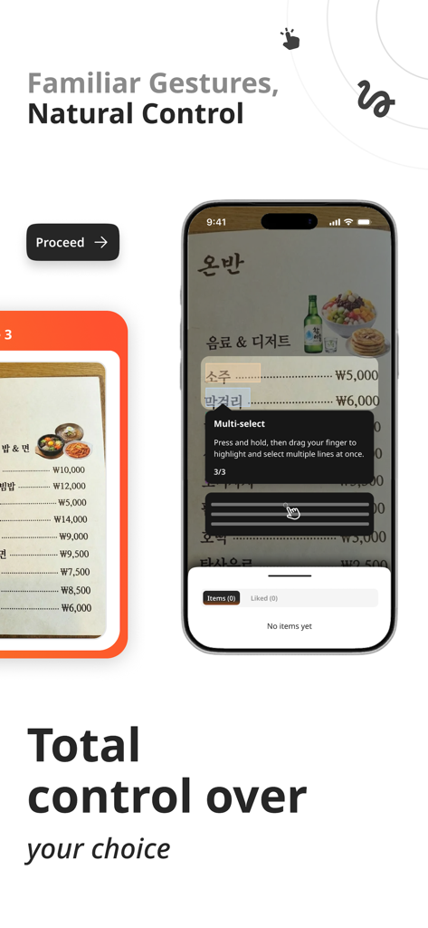 VisMe: Visualize Menu - Smartphone showing the VisMe app multi-select gesture interface for translating a foreign restaurant menu.