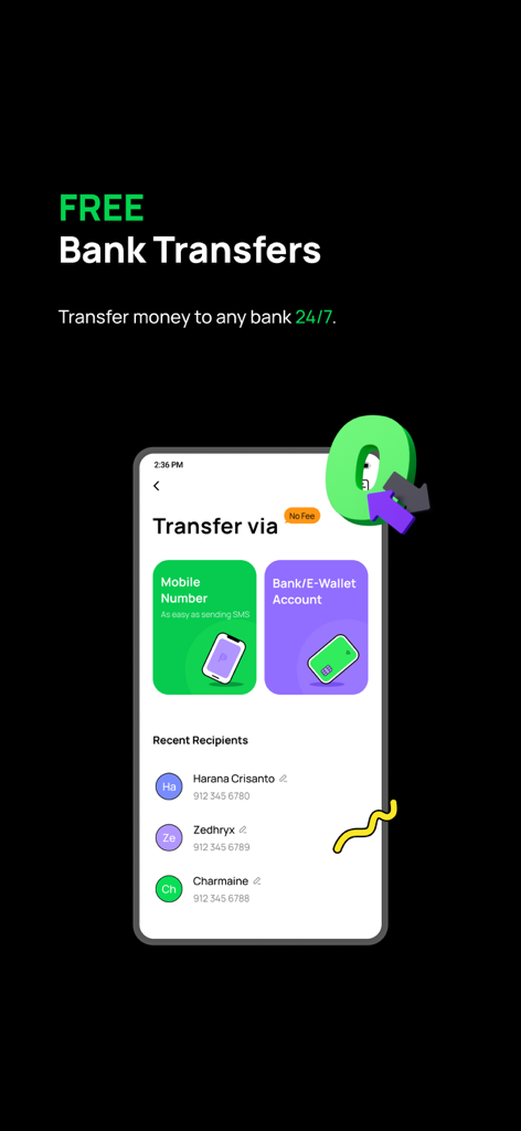 OwnBank - OwnBank app screen showing free bank transfers to mobile numbers and e-wallets