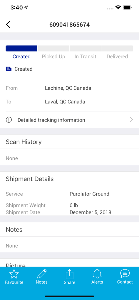 Purolator - Purolator app shipment tracking screen showing package status and delivery details.