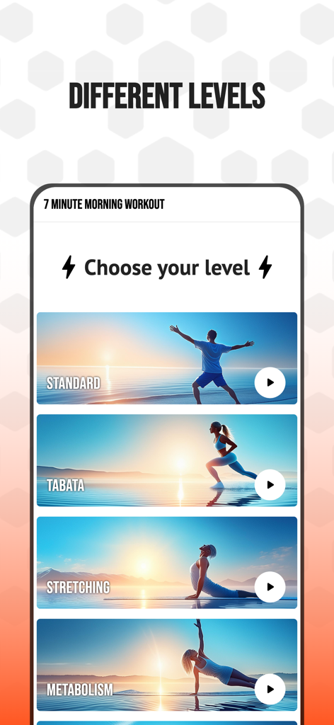 7 Minute Morning Workout - Pantalla de selección de diferentes niveles de entrenamiento en la aplicación 7 Minute Morning Workout