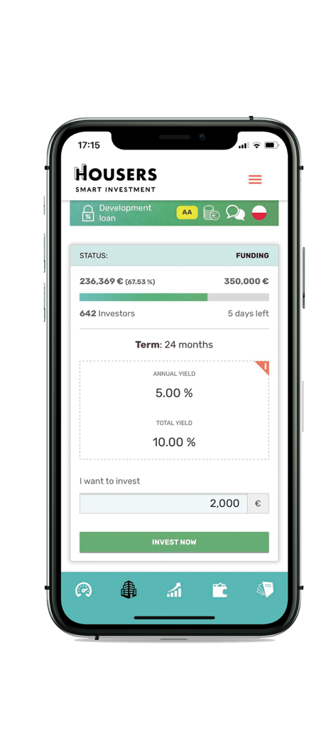 Housers app screen showing real estate project funding progress and annual yield percentage.