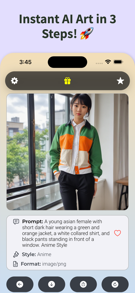 AI Anime Art Generator App - 生成されたキャラクターとその説明的なプロンプトを示すAIアニメアートジェネレーターアプリのインターフェース