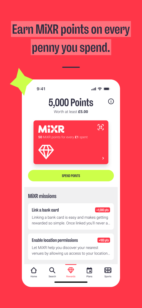 The rewards screen of the MiXR app displaying a points balance and missions to earn more rewards.