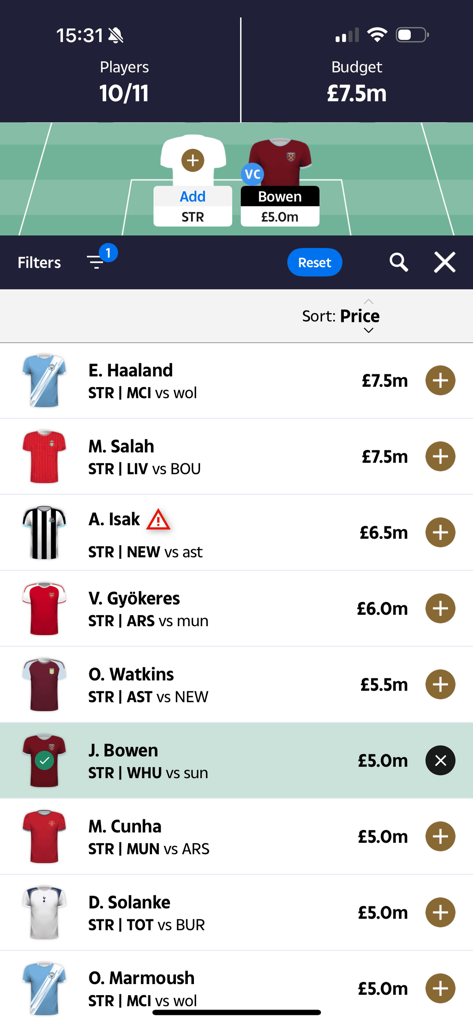 The Sun Dream Team - Interface for picking Premier League players in The Sun Dream Team fantasy football app.