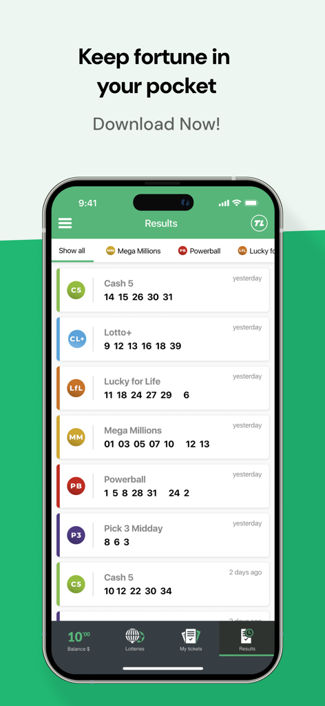 TuLotero Lottery App - Interfaccia dell'app mobile TuLotero che mostra i numeri vincenti più recenti della lotteria per Powerball, Mega Millions e Cash 5.
