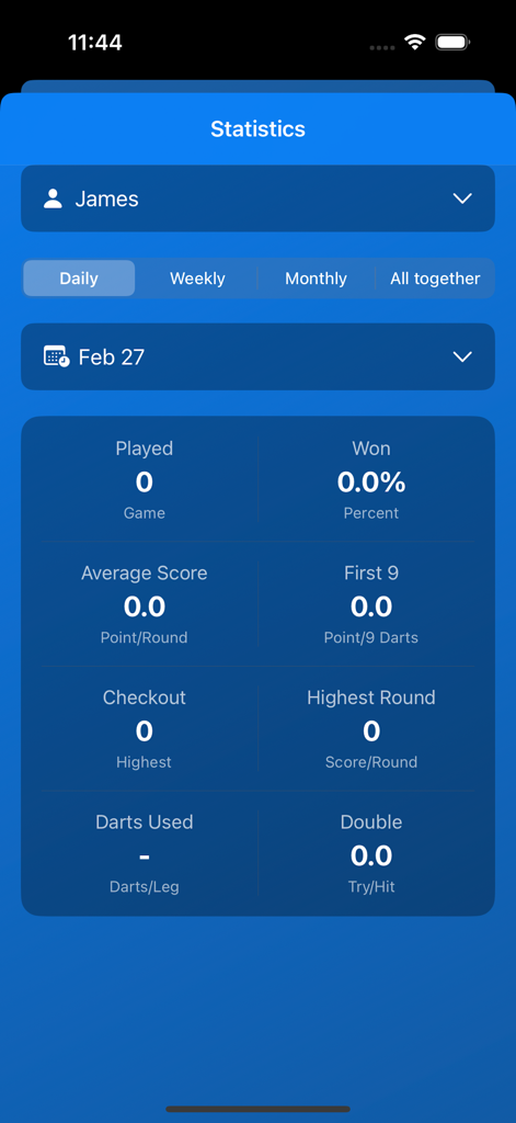 Darts Scores - Statistics dashboard in the Darts Scores app displaying performance metrics for a player named James including win percentage and average score.