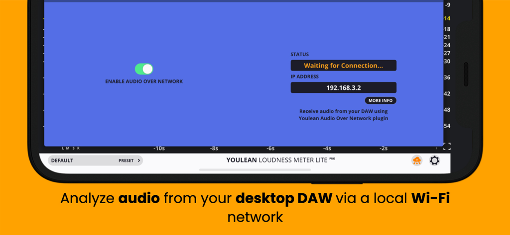 Interface of Youlean Loudness Meter Lite showing how to analyze audio from a desktop DAW via local Wi-Fi network