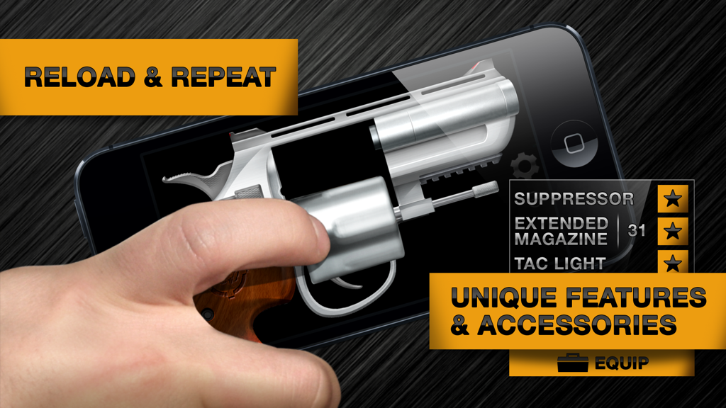 Weaphones: Firearms Simulator Volume 1 - Eine Hand hält ein Smartphone mit einem Revolver im Weaphones-Simulator mit Optionen für einzigartige Funktionen und Zubehör.