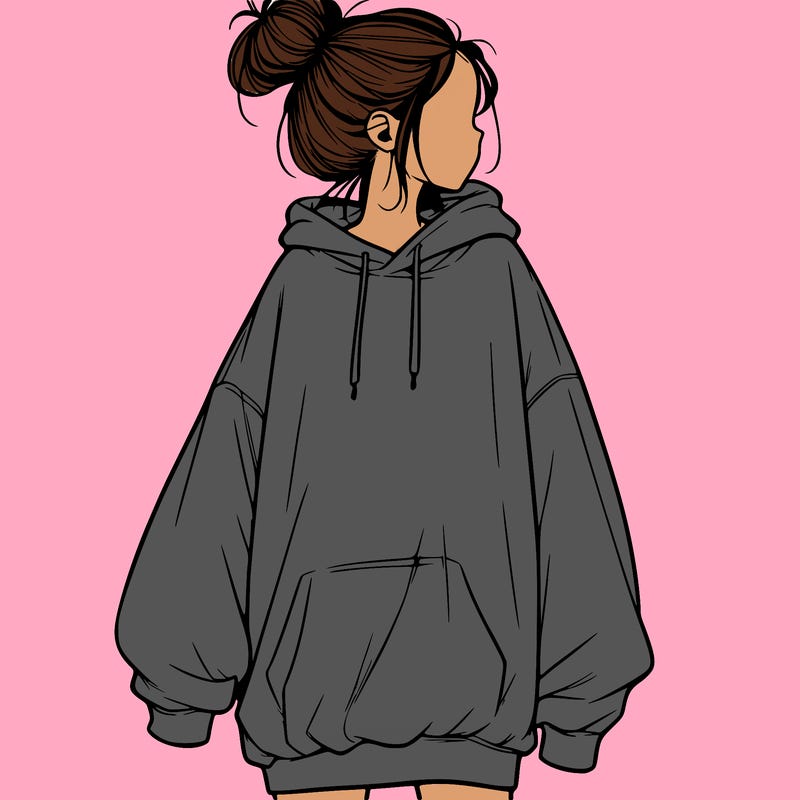 realistic girl with a oversized sweatshirt on and a bun