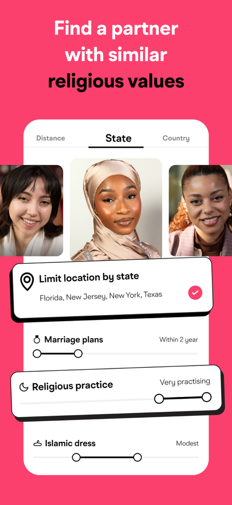Muzz: Where Muslims Marry - 주별 위치, 결혼 계획, 종교적 실천 수준에 따른 검색 필터를 보여주는 Muzz 앱 인터페이스