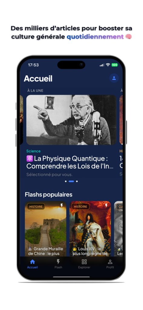 Cogito App home screen showing featured articles on quantum physics and popular history flash cards.