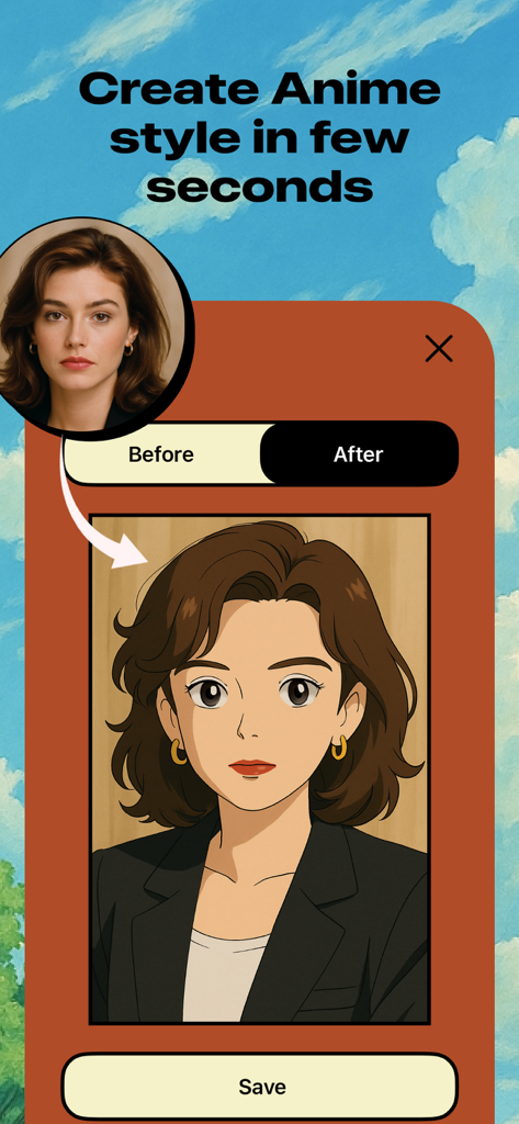 Artify:Cartoon art filter - Before and after comparison of a woman's portrait transformed into anime art