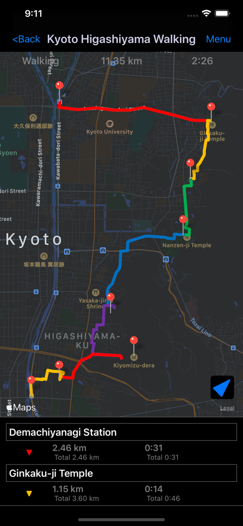 Screenshot of Route Maker app showing a multi-stop walking route in Kyoto with map pins and distances