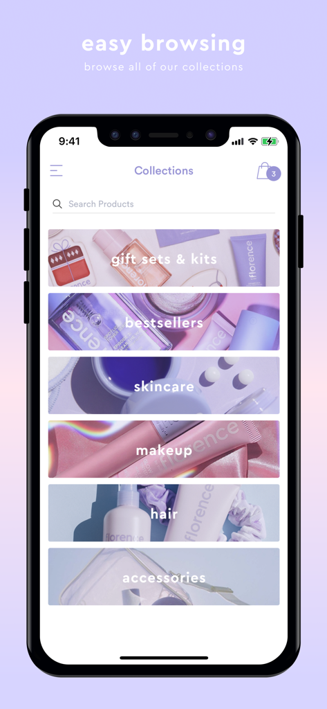 スキンケアやメイクアップなどの製品カテゴリを表示するflorence by millsアプリの画面