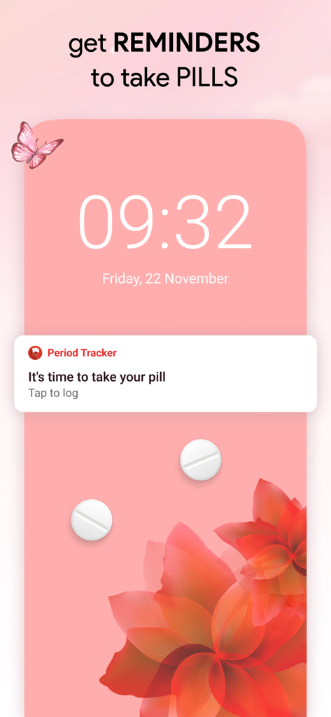 Cycle Tracker: Period Calendar - Smartphone lock screen showing a birth control pill reminder notification from the Cycle Tracker app