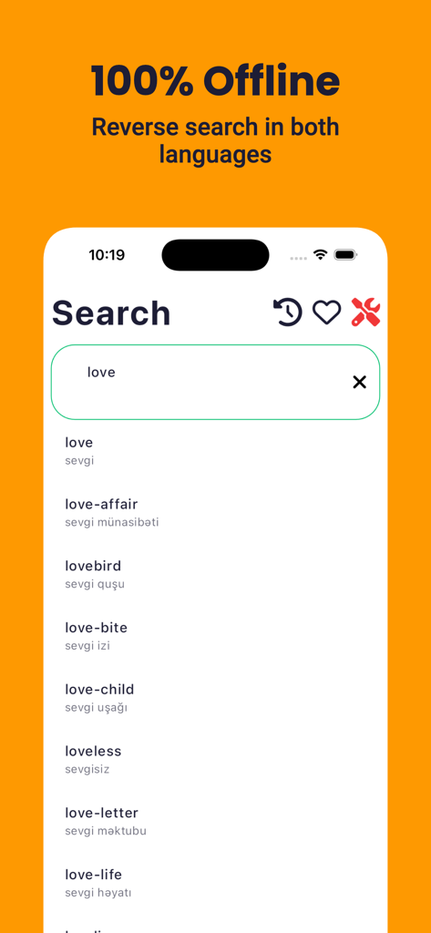 アゼルバイジャン語辞書アプリの検索画面。単語loveの英語からアゼルバイジャン語への翻訳が表示されています。