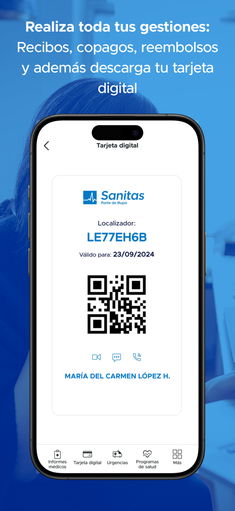 Mi Sanitas - Tarjeta digital de seguro médico de la aplicación Mi Sanitas con un código QR