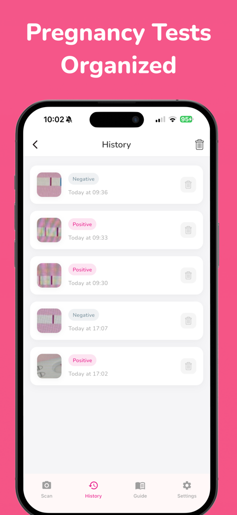 Pregnancy Test Checker AI + - A mobile app interface displaying a digital history of positive and negative pregnancy test results with timestamps and photos.