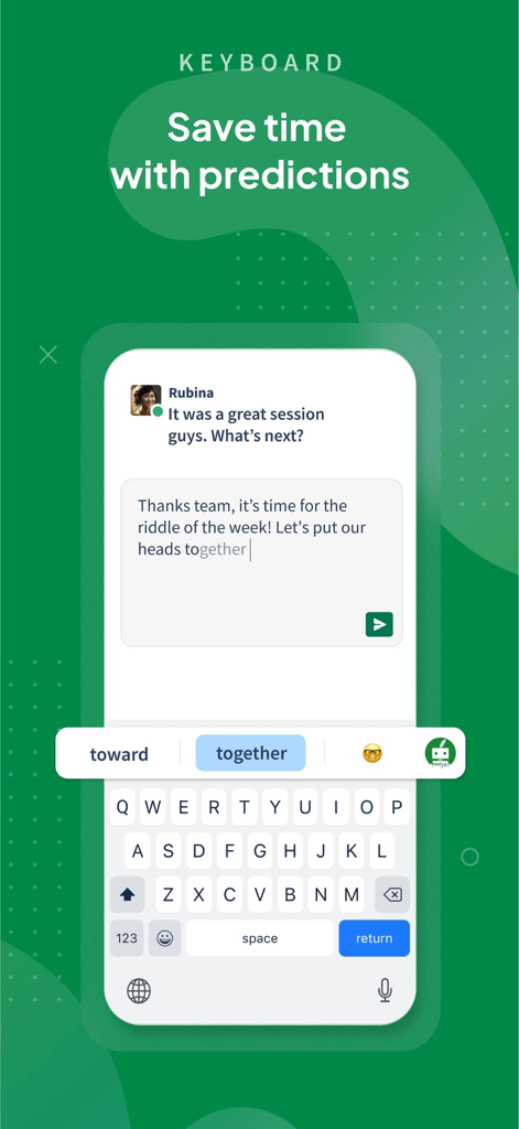 QuillBot: AI Writing, Keyboard - QuillBot mobile keyboard interface showing predictive text suggestions to save time while typing