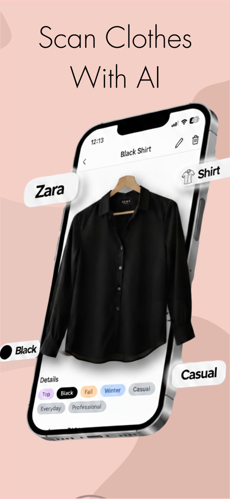 Stylegenai - Outfit Planner - Interface of the Stylegenai app showing AI scanning a black shirt to add fashion tags and details to a digital closet