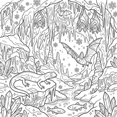 Dive into a hidden world with our enchanting Cave Fauna Winter Wonderland coloring page, featuring fascinating creatures amidst icy cave formations and delicate snowflakes. This intricate line art invites you to bring this unique subterranean winter scene to life with your favorite colors.